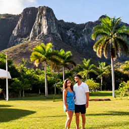 Caribbean Holidays, Cuba Honeymoon May, Romantic couple visiting a lush Cuban valley with palm trees and dramatic limestone hills near Vi&ntilde;ales, Cuba, clear daylight
