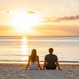 Caribbean Holidays, Cuba Honeymoon November, Couple relaxing together on a peaceful Cuban beach at sunset, with calm sea and warm golden light