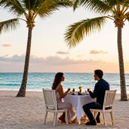 Caribbean Holidays, Cuba Honeymoon November, Romantic beachfront resort in Varadero with palm trees, turquoise water and a couple enjoying a sunset dinner