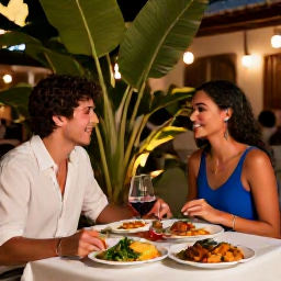 Caribbean Holidays, Cuba Honeymoon November, Romantic couple dining outdoors at a Cuban restaurant with local food, soft evening light and tropical plants