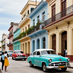 Caribbean Holidays, Cuba Honeymoon October, Colourful classic American cars on a street in Old Havana, with colonial buildings and a couple exploring on foot