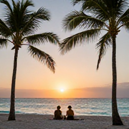 Caribbean Holidays, Cuba Honeymoon October, Romantic sunset over Varadero beach with palm trees, calm turquoise sea and a couple sharing a quiet moment