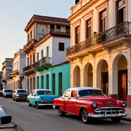 Caribbean Holidays, Cuba Honeymoons August, Colourful classic American cars on a Havana street with colonial buildings, balconies and warm evening light