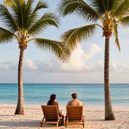 Caribbean Holidays, Cuba Honeymoons August, Elegant Cuban resort beach with palm trees, sun loungers, turquoise water and a couple enjoying a quiet honeymoon morning