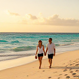 Caribbean Holidays, Cuba Honeymoons August, Newlywed couple walking hand in hand along a quiet Cuban beach at sunset, warm August light and turquoise sea