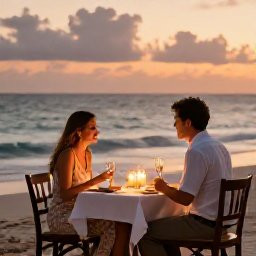 Caribbean Holidays, Cuba Honeymoons, Candlelit dinner for two at a Cuban beach resort, gentle sea in the background and warm evening lighting