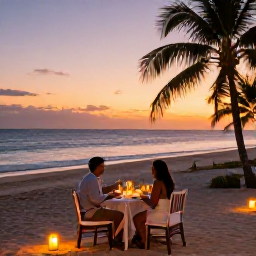 Caribbean Holidays, Cuba Honeymoons, Couple enjoying a quiet sunset dinner on a Cuban beach terrace with candles, palm trees and the sea beyond
