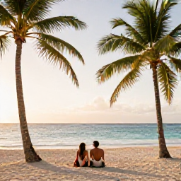 Caribbean Holidays, Cuba Honeymoons, Happy honeymoon couple relaxing beside a palm-fringed Cuban beach at golden hour, tranquil Caribbean scenery