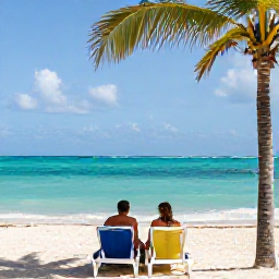 Caribbean Holidays, Cuba Honeymoons March, Honeymoon couple relaxing on a palm-fringed beach in Varadero, Cuba, with clear turquoise sea, sun loungers and a peaceful resort setting