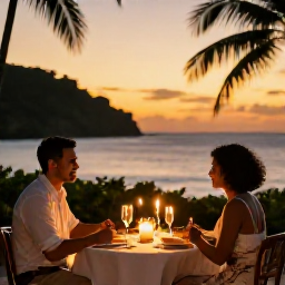 Caribbean Holidays, Cuba Honeymoons March, Romantic sunset dinner for two beside the Caribbean Sea in Cuba, with candles, tropical scenery and a warm golden sky