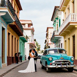 Caribbean Holidays, Cuba Honeymoons, Newly married couple exploring colourful colonial streets in Old Havana, classic cars, balconies and musicians creating an authentic Cuban atmosphere