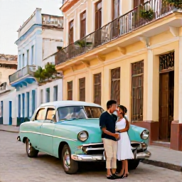 Caribbean Holidays, Cuba Honeymoons, Newlywed couple exploring colourful colonial streets in Old Havana, classic vintage car nearby and warm afternoon sunlight