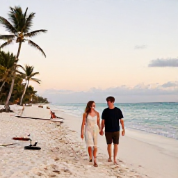 Caribbean Holidays, Cuba Honeymoons, Newlywed couple walking hand in hand along a quiet white-sand beach in Varadero, Cuba, warm evening light