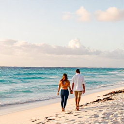 Caribbean Holidays, Cuba Honeymoons, Newlyweds walking hand in hand along a quiet white-sand beach in Varadero, Cuba, warm Caribbean light and turquoise sea