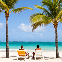 Caribbean Holidays, Cuba Honeymoons, Romantic beachfront resort in Varadero with palm trees, turquoise sea and a couple relaxing on sun loungers