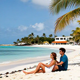 Caribbean Holidays, Cuba Honeymoons, Romantic couple relaxing on a sunlit beach in Varadero with palm trees, calm turquoise water and a comfortable beachfront resort