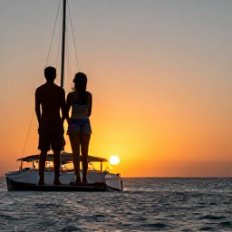 Caribbean Holidays, Cuba Honeymoons, Romantic sunset catamaran cruise along the Cuban coast with a couple watching the sun over the sea