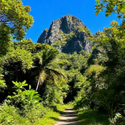 Caribbean Holidays, Cuba in April, A Cuban nature reserve in April with limestone mountains, lush forest, clear blue sky and a narrow trail leading through tropical vegetation