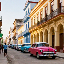Caribbean Holidays, Cuba in April, A lively Havana street in April with colourful classic cars, colonial buildings and local people enjoying the warm sunshine