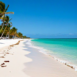 Caribbean Holidays, Cuba in April, A quiet Cuban beach with clear turquoise water, pale sand and palm trees on a sunny April day