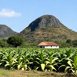 Caribbean Holidays, Cuba in April, A scenic Cuban countryside landscape with tobacco fields, limestone hills and a traditional farmhouse near Vi&ntilde;ales under a clear April sky