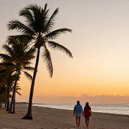 Caribbean Holidays, Cuba in April, Couple walking along a peaceful Cuban beach at sunset with palm trees and a softly lit horizon