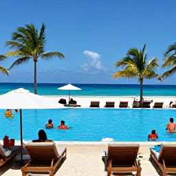 Caribbean Holidays, Cuba in April, Cuban all-inclusive resort pool overlooking a tropical beach, with sun loungers and guests relaxing