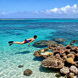 Caribbean Holidays, Cuba in April, Traveller snorkelling in clear Cuban Caribbean water above a colourful coral reef near a sandy beach