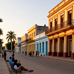 Caribbean Holidays, Cuba in April, Travellers enjoying a relaxed evening in a colourful Cuban town, with colonial buildings, live music, palm trees and warm golden light