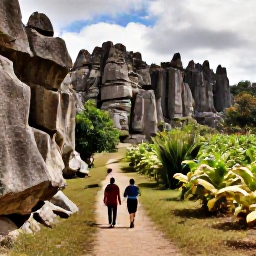 Caribbean Holidays, Cuba in April, Visitors hiking along a shaded trail in Vi&ntilde;ales Valley, Cuba, surrounded by dramatic limestone mogotes, tobacco fields and tropical plants in warm April sunshine