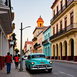 Caribbean Holidays, Cuba in August, Colourful Havana street scene in August with classic American cars, colonial buildings and local people enjoying the warm evening
