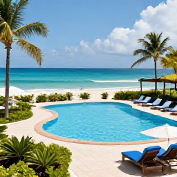 Caribbean Holidays, Cuba in August, Cuban all-inclusive resort pool overlooking a bright Caribbean beach, with sun loungers and tropical gardens
