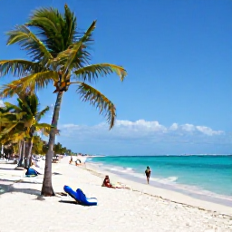Caribbean Holidays, Cuba in August, Sunny Cuban beach resort in August with turquoise sea, palm trees and relaxed holidaymakers