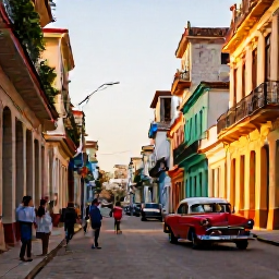 Caribbean Holidays, Cuba in December, Colourful Havana street in December, classic cars, colonial buildings and local people enjoying the warm evening light