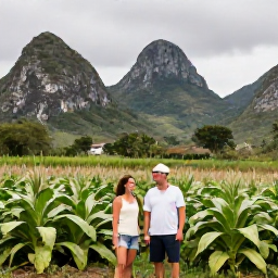 Caribbean Holidays, Cuba in December, Couple exploring the green Vi&ntilde;ales Valley with limestone hills, tobacco fields and a rural Cuban landscape
