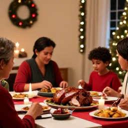 Caribbean Holidays, Cuba in December, Cuban family Christmas meal with roast pork, traditional dishes, candles and festive decorations in a welcoming home