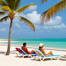 Caribbean Holidays, Cuba in December, Romantic beachfront resort with palm trees, turquoise sea and a couple relaxing on sun loungers in Varadero, Cuba