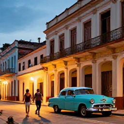 Caribbean Holidays, Cuba in December, Romantic evening in Old Havana with a couple walking past colourful colonial buildings and classic American cars