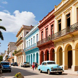 Caribbean Holidays, Cuba in February, A lively Cuban street in Havana during February, with colourful colonial buildings, classic American cars and local people enjoying the warm sunshine