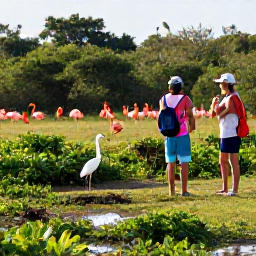 Caribbean Holidays, Cuba in February, Birdwatchers exploring a Cuban wetland with flamingos, herons and lush vegetation in warm February sunshine