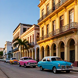 Caribbean Holidays, Cuba in February, Colourful classic American cars on a Havana street at golden hour with colonial buildings and palm trees