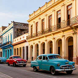 Caribbean Holidays, Cuba in February, Colourful classic American cars travelling past colonial buildings in Havana, Cuba, in warm afternoon light