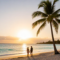 Caribbean Holidays, Cuba in February, Couple enjoying a February sunset on a Cuban beach with palm trees, calm turquoise sea and warm golden light