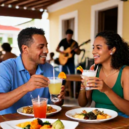 Caribbean Holidays, Cuba in February, Couple enjoying Cuban food and cocktails at a lively outdoor restaurant with live music