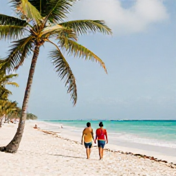 Caribbean Holidays, Cuba in February, Couple walking along a sunlit Cuban beach with turquoise sea, soft February light and palm trees