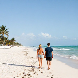 Caribbean Holidays, Cuba in February, Couple walking hand in hand along a quiet white-sand beach in Varadero, Cuba, beneath a bright February sky