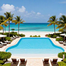 Caribbean Holidays, Cuba in February, Cuban all-inclusive resort pool overlooking a sandy beach, with sun loungers, tropical gardens and clear blue water