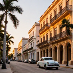 Caribbean Holidays, Cuba in February, Elegant colonial Havana street at golden hour, classic American cars, palm trees and refined luxury travel atmosphere