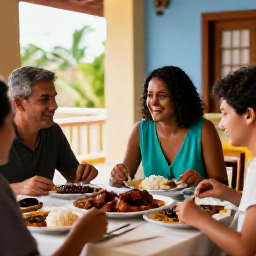 Caribbean Holidays, Cuba in February, Friendly Cuban family sharing a traditional meal in a welcoming restaurant, with rice, beans and roasted pork on the table