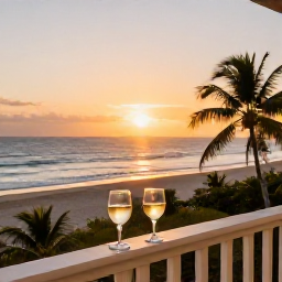 Caribbean Holidays, Cuba in February, Romantic Cuban resort balcony overlooking a tropical beach at sunset, with warm light and two glasses of wine